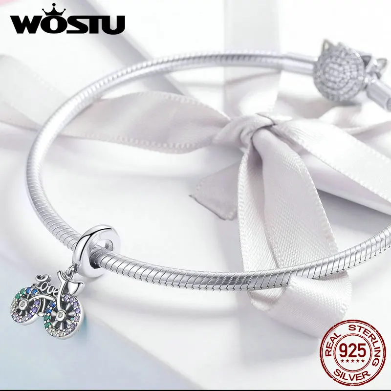 WOSTU Sterling Silver 925 Bike Bicycle Rainbow Zircon Beads Fit Bracelet Pendant For Women Necklace Party Jewelry BKC1082 | Украшения и