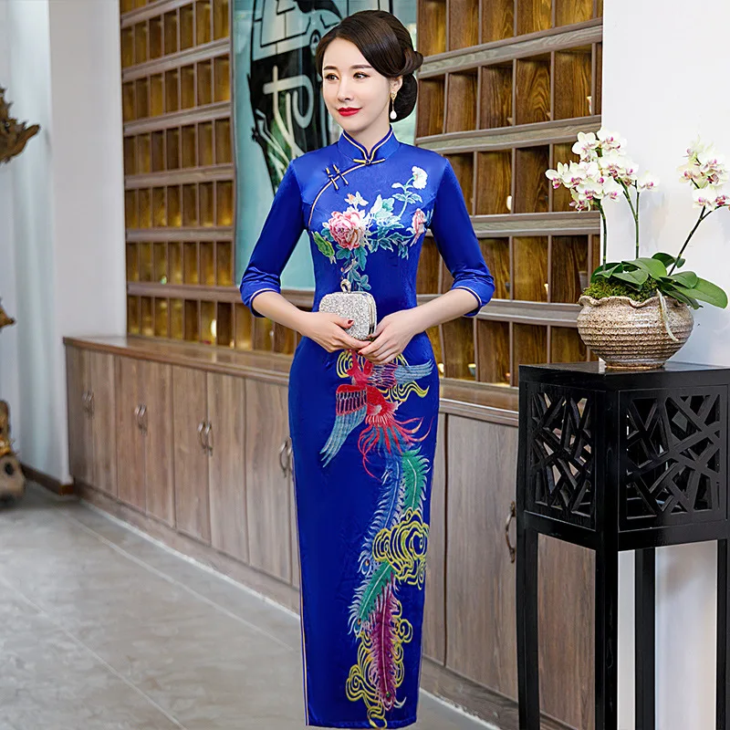 

Chinese Traditional Qipao Three-quarter Sleeve Velvet Stylish Long Cheongsam Sexy Elegant китайское платье Slim Fit Ципао