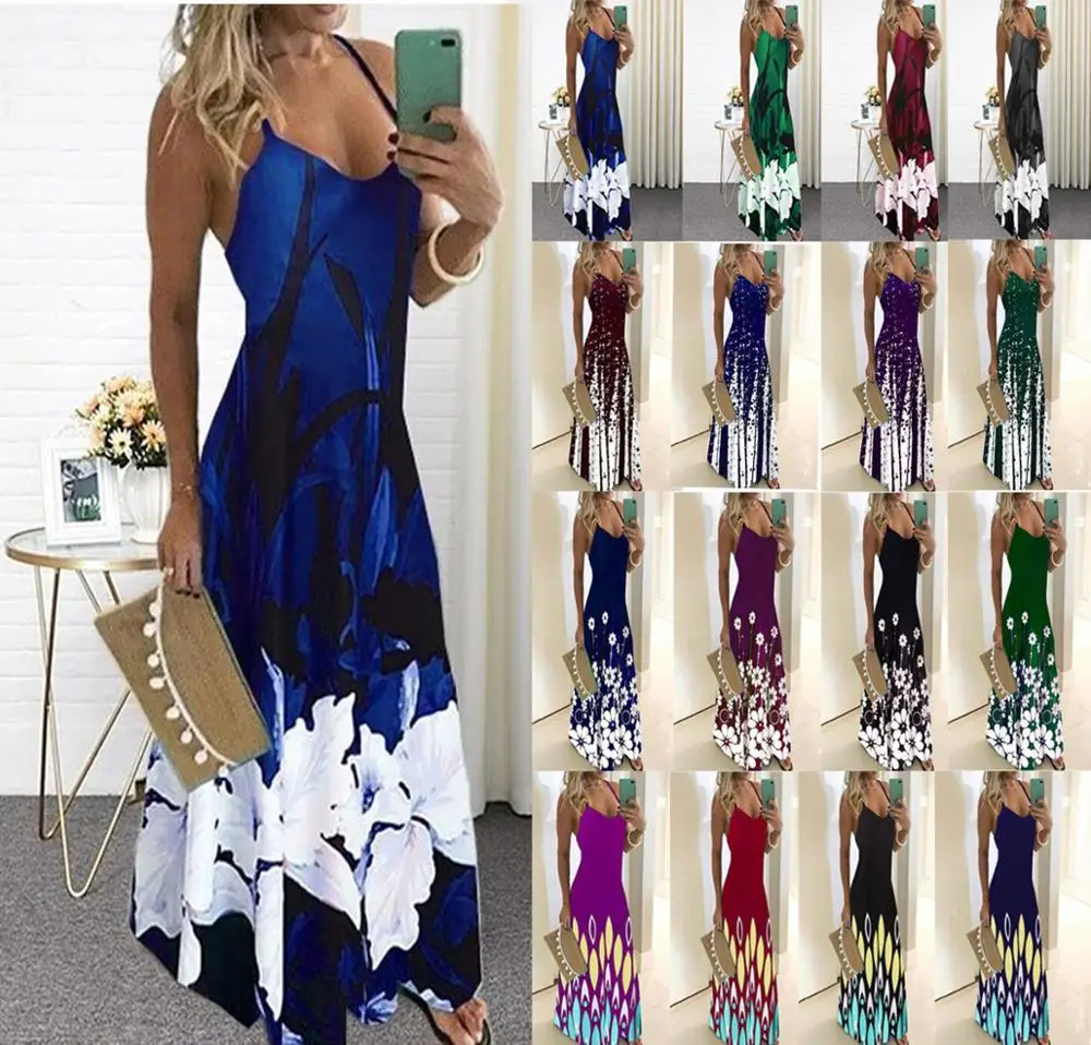 

Lossky Vintage Floral Print Dress Sexy Spaghetti Strap V Neck Long Dresses Women Summer Beach Dresses Party Tunic Plus Size 5XL