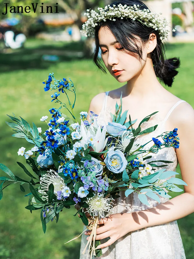 JaneVini Blue Flower Artificial Bride Bouquets 2021 Silk Rose Wedding Flowers Bridal Bouquet Fleur Bleu Ramo De Novia Vintage | Свадьбы и