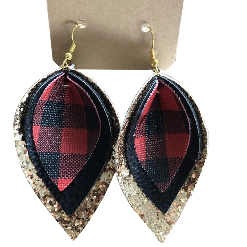 

New Doubles Buffalo Plaid Glitter Striped Printed Leather Teardrop Earrings Large Layered Leaf Earrings Valentine's Day Gifts