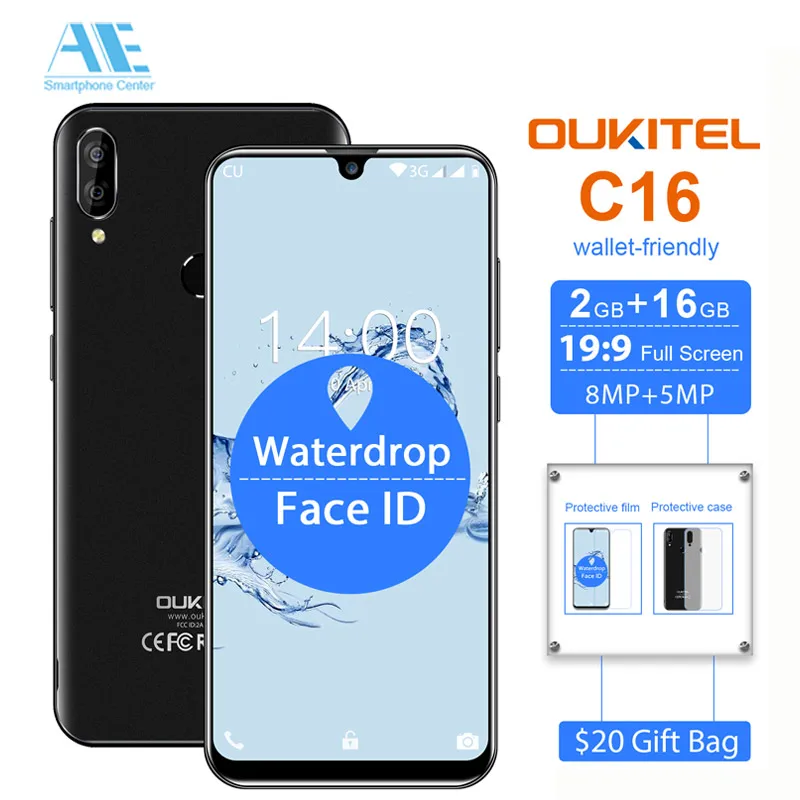 Смартфон OUKITEL C16 на Android 9 0 экран 5 71 дюйма HD + 19:9 сканер отпечатков пальцев 2 Гб ОЗУ 16