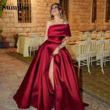 Sumnus Red Satin Evening Party Prom Dress Women One Shoulder Long Beaded Sleeve Front Skirt Slit Formal Night Gown with Pocket (3)