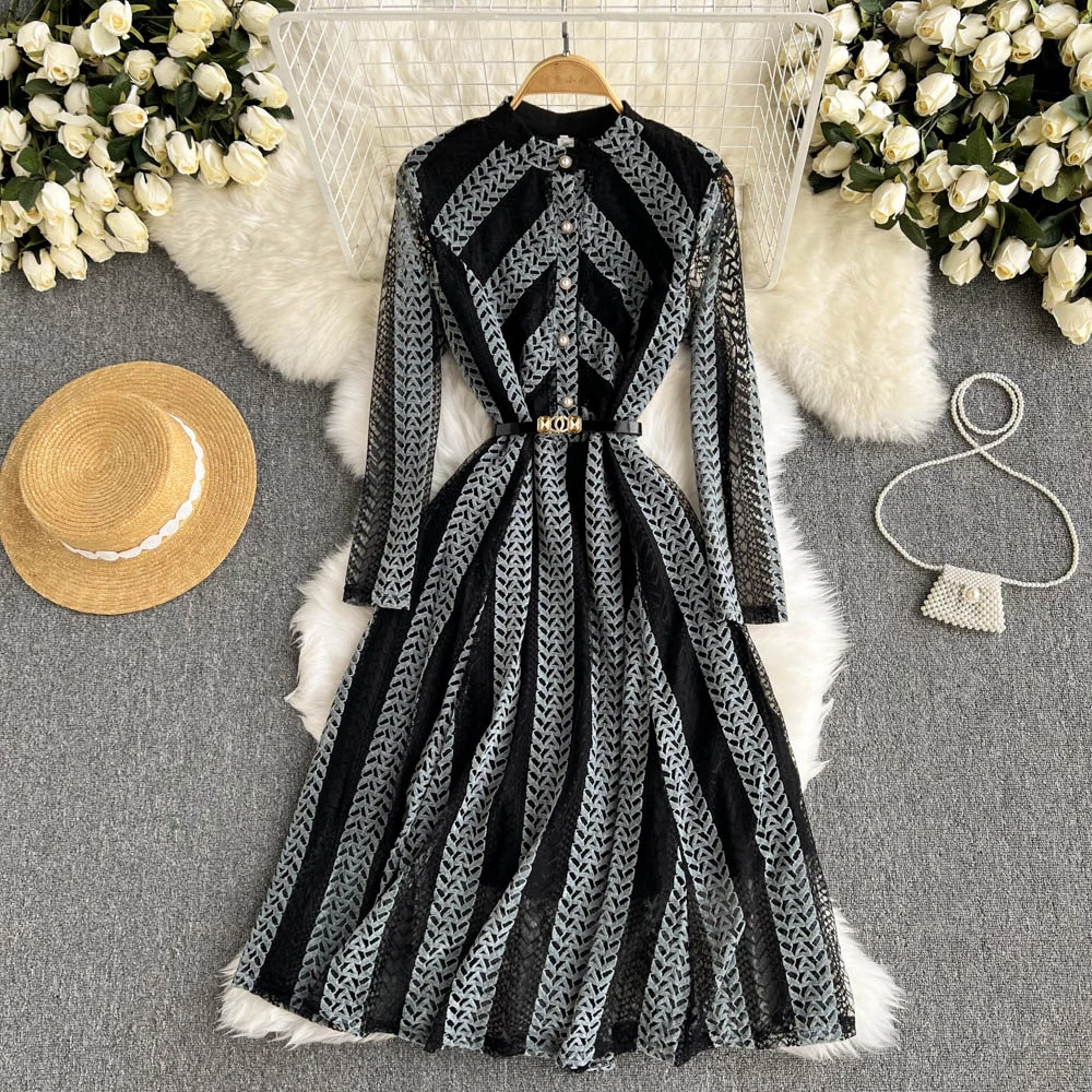 

C206 Women Autumn Winter 2021 Fashion Round Neck Perspective Lace Long Sleeve Contrast Color Stripe Slim Elegant Dress Vestidos