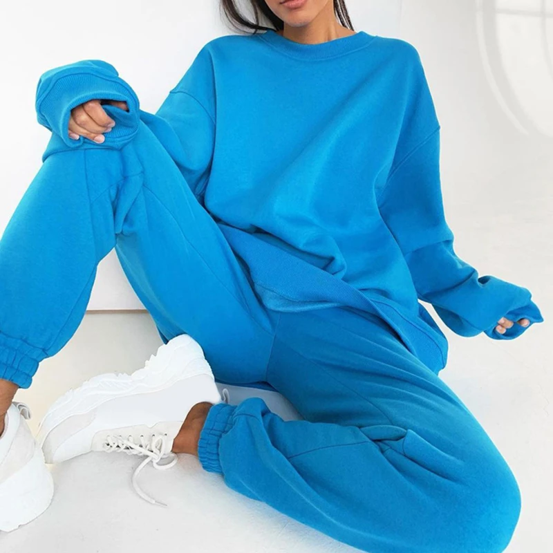 

Women Solid Fleece Two Piece Sets Long Sleeve Pullover Loose Sweatshirts And Jogger Pant Suits Casual Female Street Tracksuits