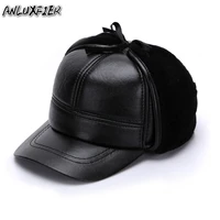 b 7134 adult leather hat ear protective warm hats mens sheepskin fur cap baseball hat for man new year gift