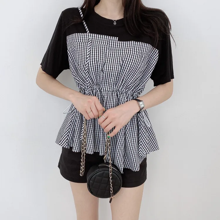 

Korejpaa Women Shirt 2021 Summer Korean Chic Simple Niche Round Neck Suspender Checked Stitching Drawstring Short-Sleeved Blouse