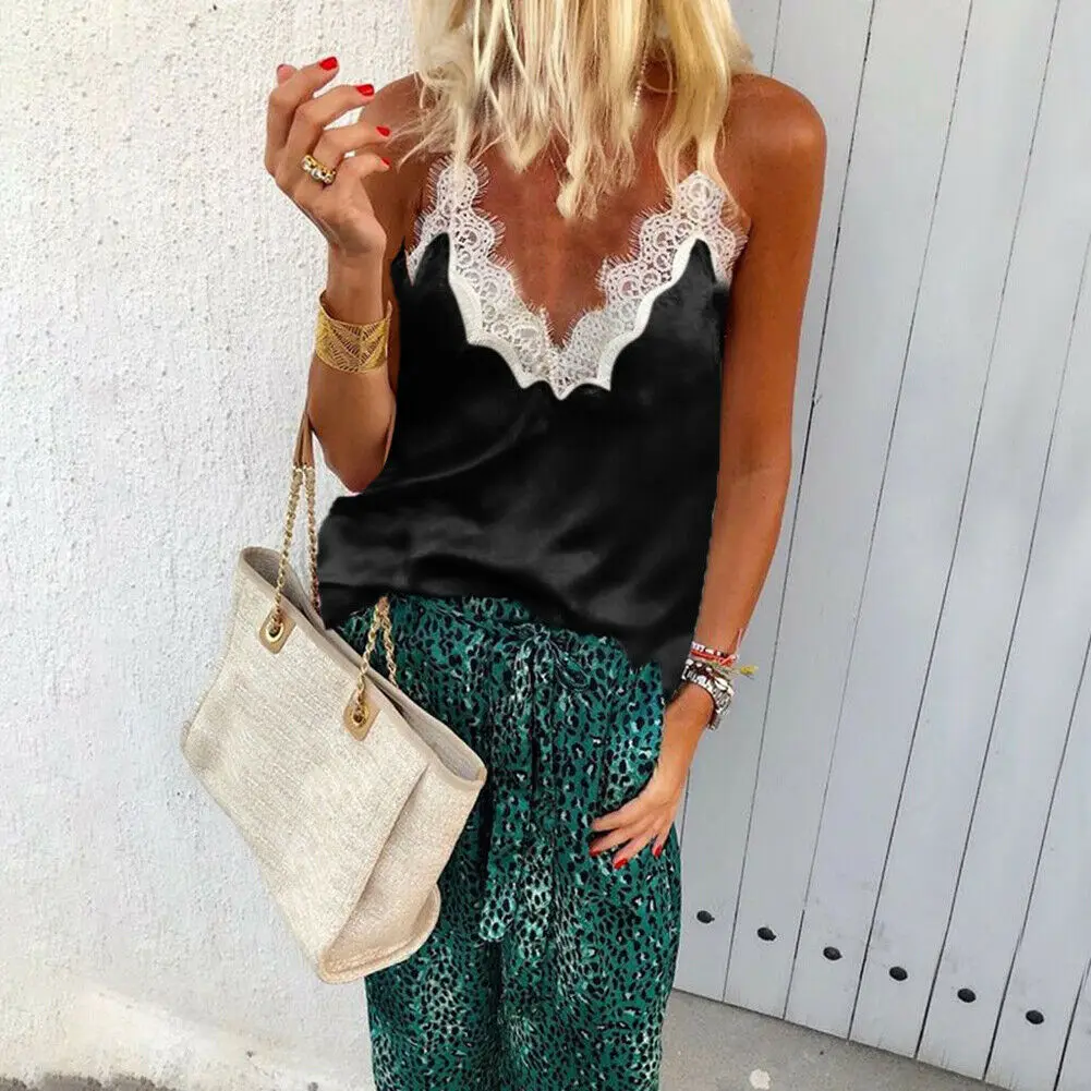 

Women Sexy Satin Silk V-Neck Lace Vest Camisole Blouse Summer Tops
