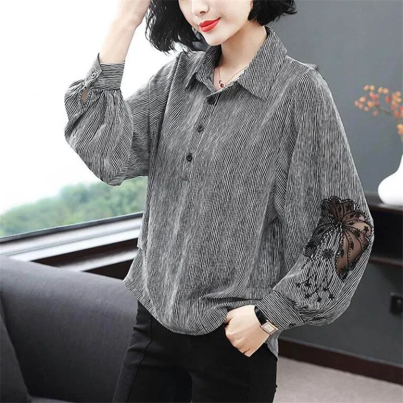 

Hollow Mesh Stripe Blouse Women's Embroidered Lapel Long Sleeves Loose Buttons Work Top Offce Feminine Blusa Casual Shirt