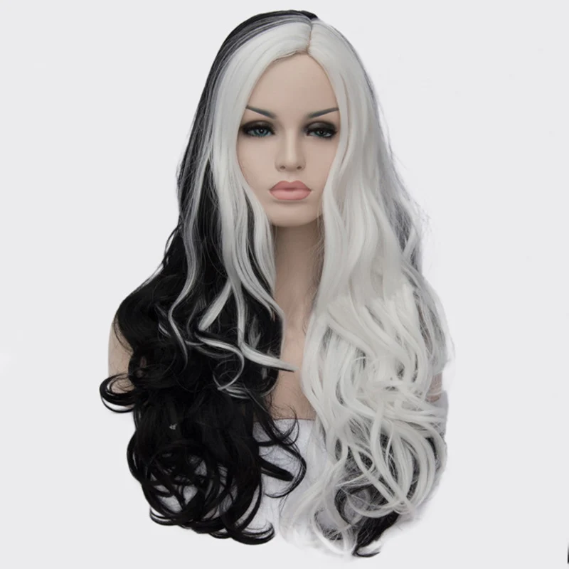 Парик для косплея CRUELLA de Vil термостойкие черно белые длиной 75 см вьющиеся волосы