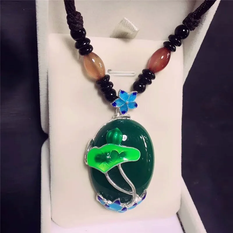 

LETSFUN Fine Jewelry 925 Silver Inlaid Natural Chalcedony Cloisonne Lotus Pendant Necklace Sweater Chain Gifts Free Shipping