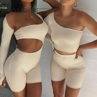 jocoo jolee women sexy one shoulder hollow out jumpsuits casual fitness bodycon romper elegant solid sport playsuit 2021 new