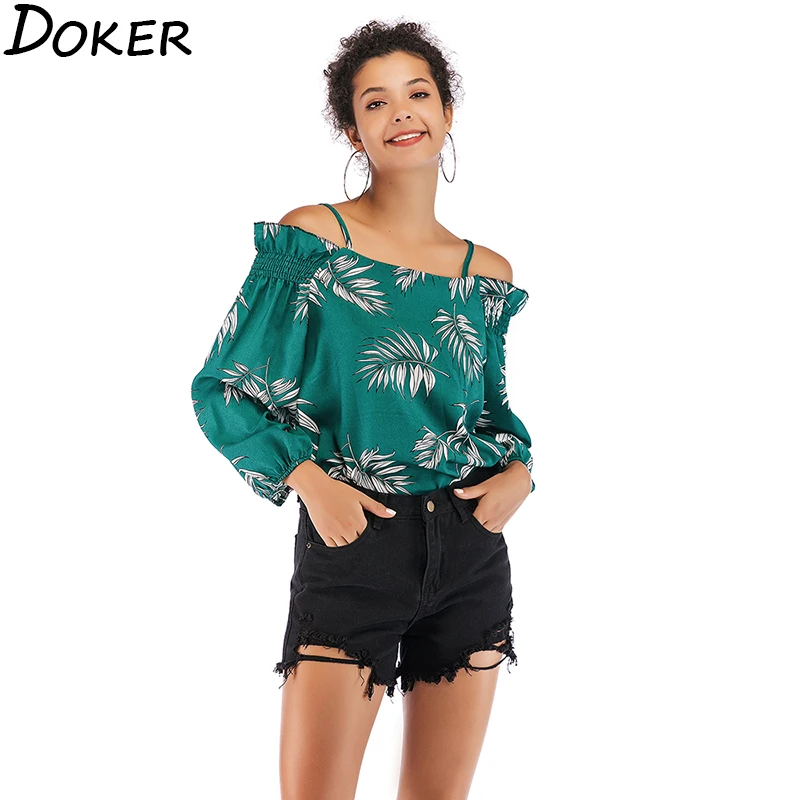 Женская блузка с принтом Офисная шифоновая длинным рукавом и открытыми плечами