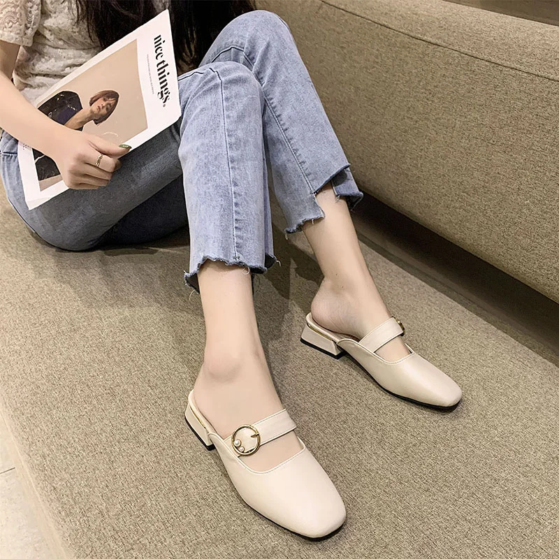 

Slippers Women Summer Shoes Female Mule Cover Toe Square heel Med Pantofle Low Slides Mules Block 2021 Rome Rubber PU Hoof