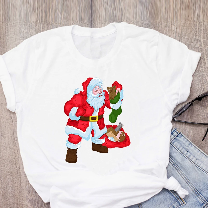 

New cute reindeer t shirt women Santa Claus Merry Christmas t shirt Harajuku Short Sleeve White Tshirt Tee Female 90S Clothes