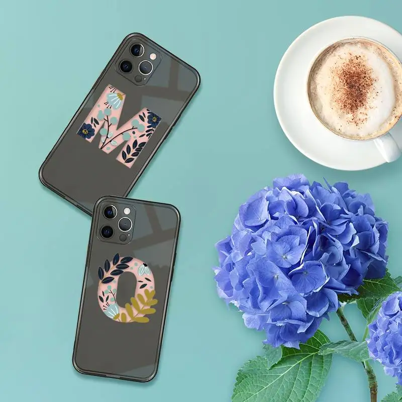 

Custom 26 letter flower Phone Case For iPhone 13 12 11 8 7 se 2020 pro X XS XR MAX Plus Black Transparent Cover
