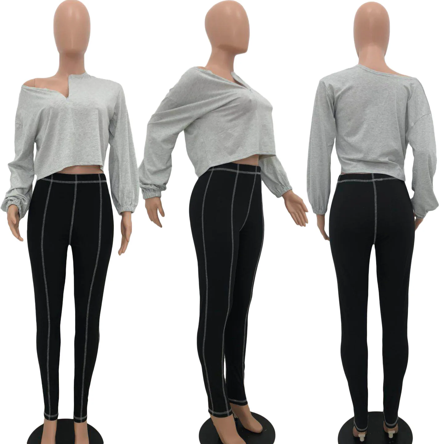 

Solid Deep V-neck Two Pieces Set Women Tracksuit Long Sleeve Loose Crop Top+striped Spliced Pencil Pant Casual Femal Club Outfit