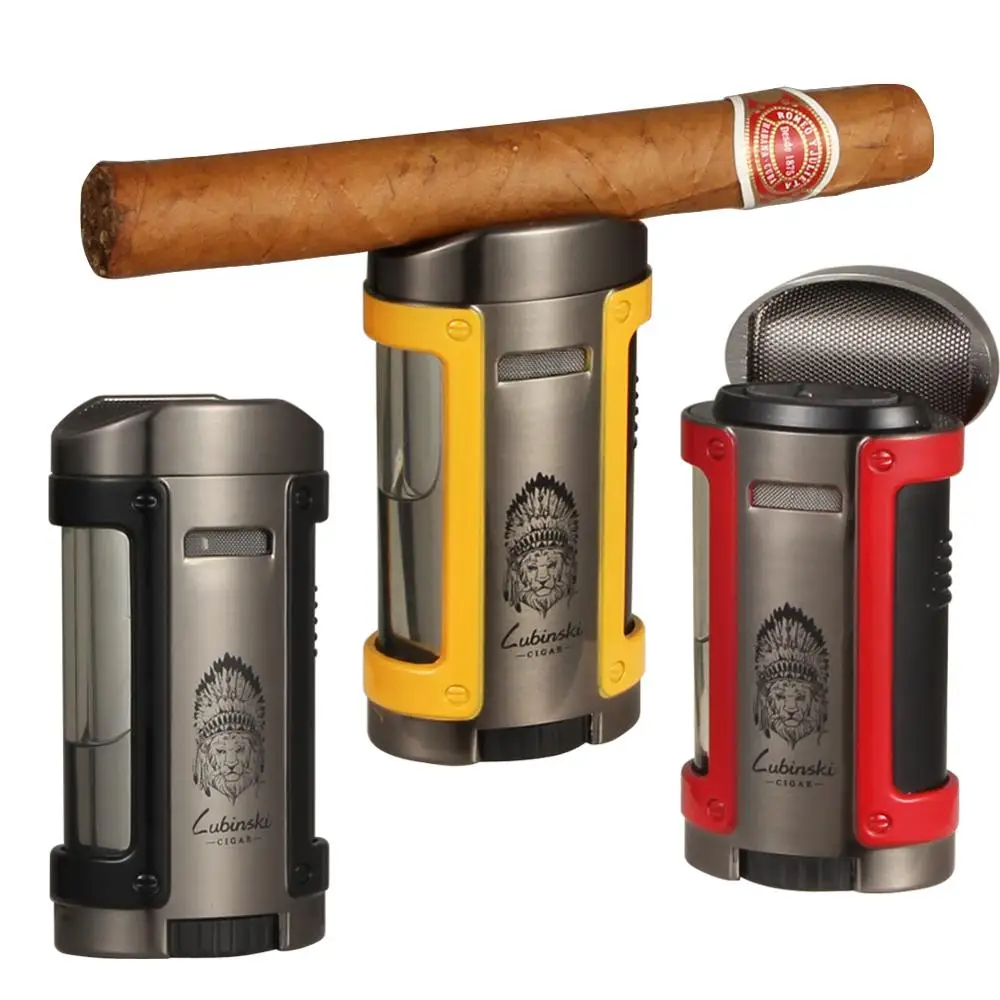

Windproof Cigar Lighter Metal Portable Blue 4 Torch Flame Home Lighter Puro Holder Top Smoking Lighters W Case Gift Box