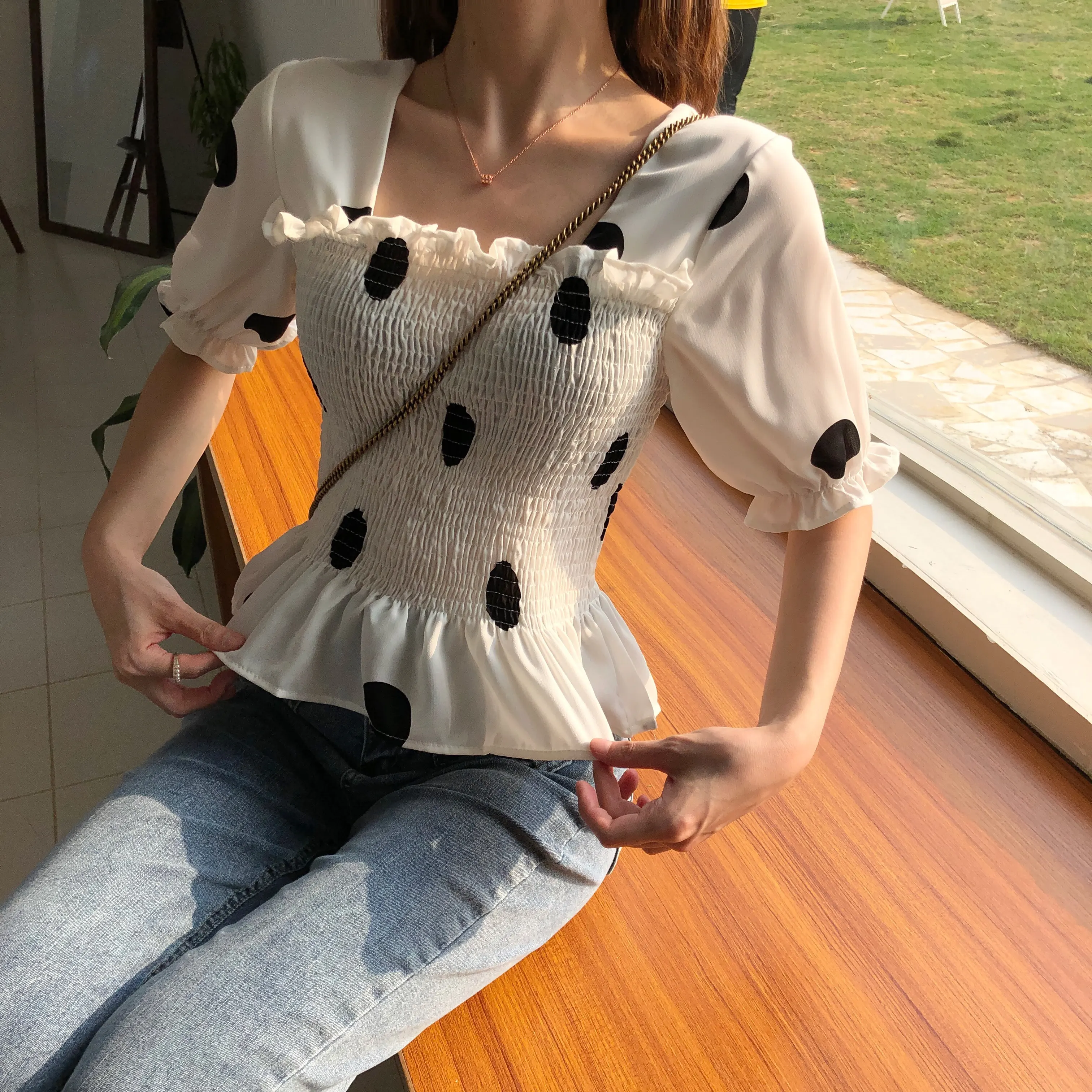 

Crop Top Slim Polka Dot Chiffon Blouse Korean Womens Tops and Blouses Summer Shirts Fashion Brand Ladies Blusas Mujer De Moda