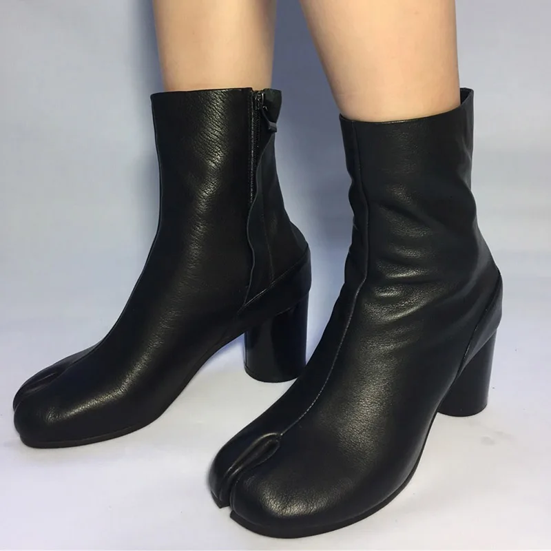 2019 Split Toe Ankle Boots Woman Black Red White Cow Leather Chunky High Heels Fashion Short | Обувь