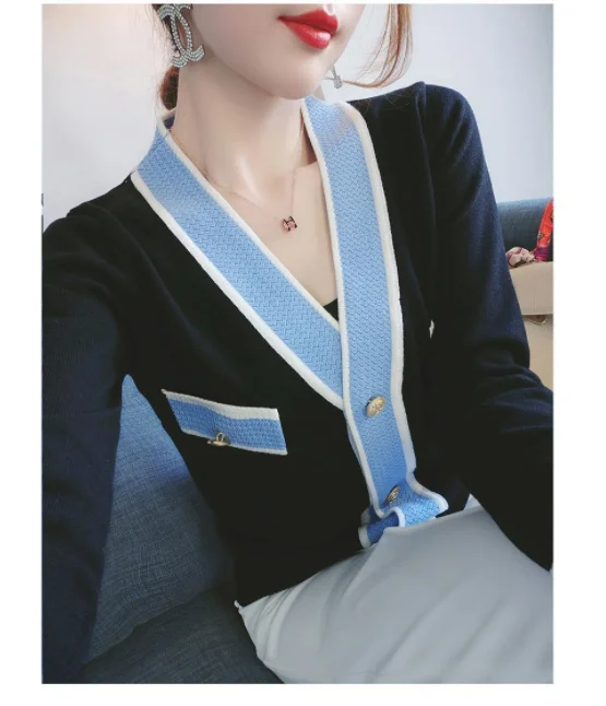 

Small wind sweater cardigan coat long sleeve coat 2021 early spring new women's temperament v neck sweater