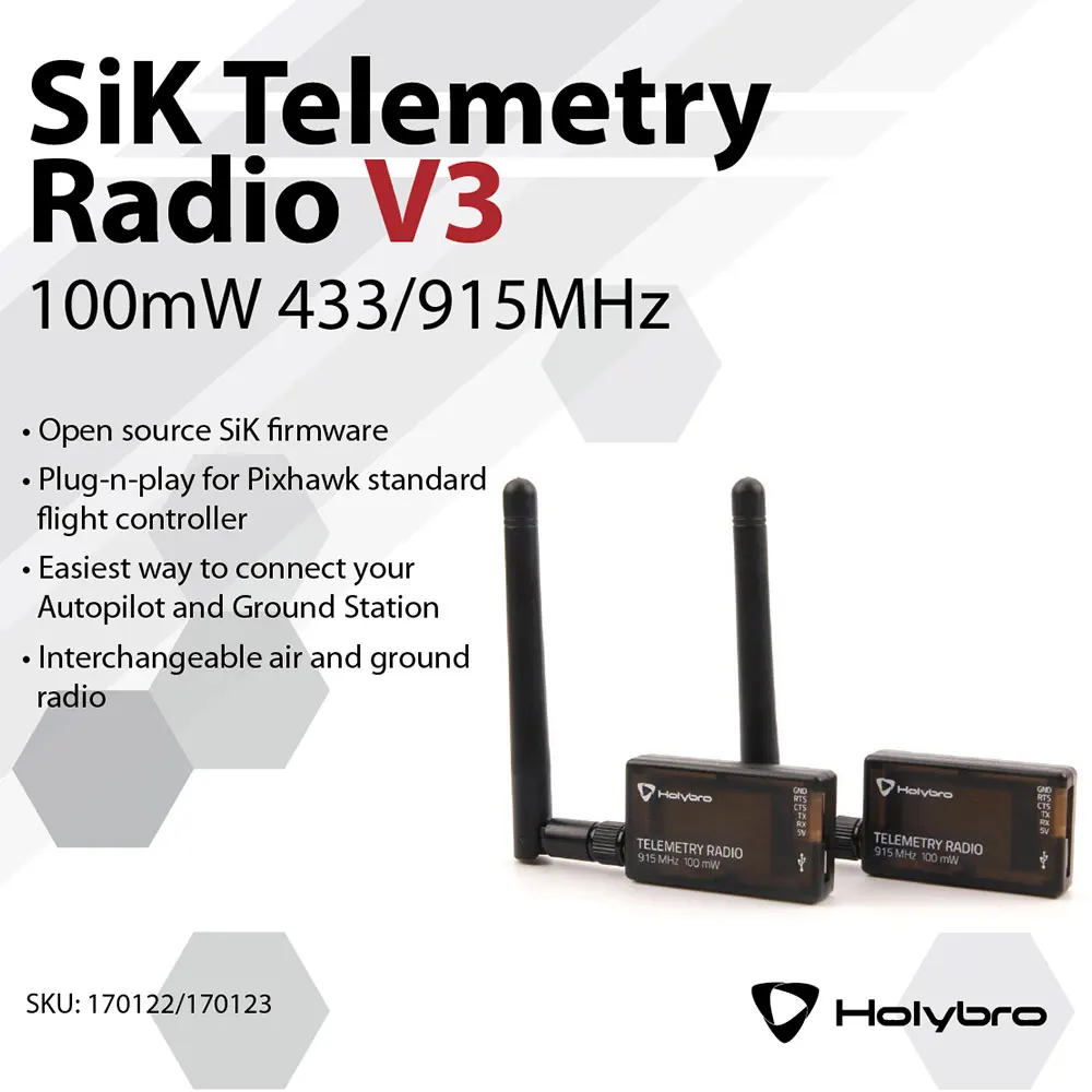 Радиоприемник HolyBro SiK V3 100 мВт 433 МГц/915 МГц для радиоуправляемого дрона APM Pixhawk Radiolink