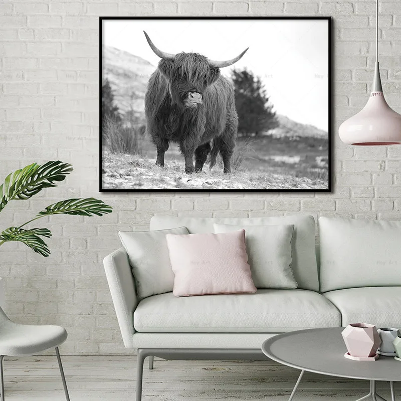 Картина на холсте современная картина искусство стену Highland Cow черный белый
