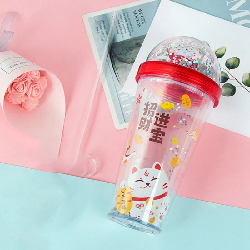380 мл двойная летняя чашка для льда счастливая кошка пластиковая мультяшная воды