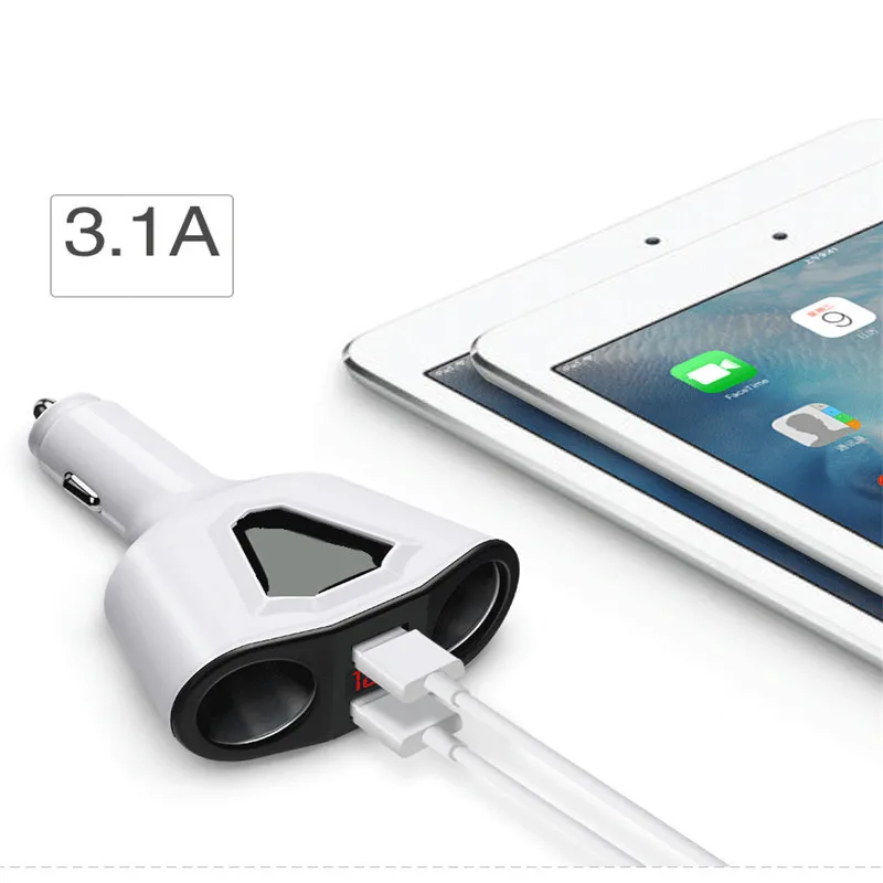 Автомобильное зарядное устройство с двумя USB-портами и 2 розетками для