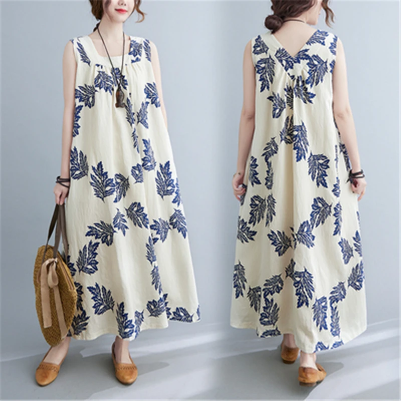 

2021 Summer Fashion New Plus Size Women Clothing Square Collar Sleeveless Retro Literary Leaf Printed Cotton And Linen Dress