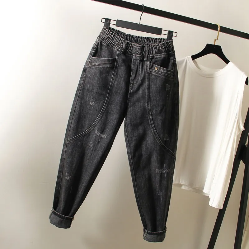 

Plus Size Women Casual Boyfriend Jeans New 2021 Spring Street Style Elastic High Waist Female Denim Ankle-length Pants W191