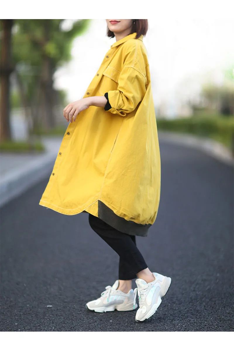 Однотонный желтый черный плащ женская джинсовая куртка с длинным рукавом