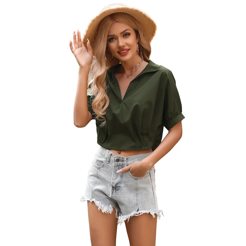 

Summer New European and American Lapel Solid Color Slim Fitting Pullover Short Sleeve Blouse Women Cardigan Woman Shirt Satin
