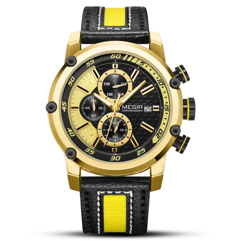 

MEGIR 2079 Men's Trend Sports Multi-Function Chronograph Watches Men's Fashion Calendar Waterproof Leather Band Wristwatches