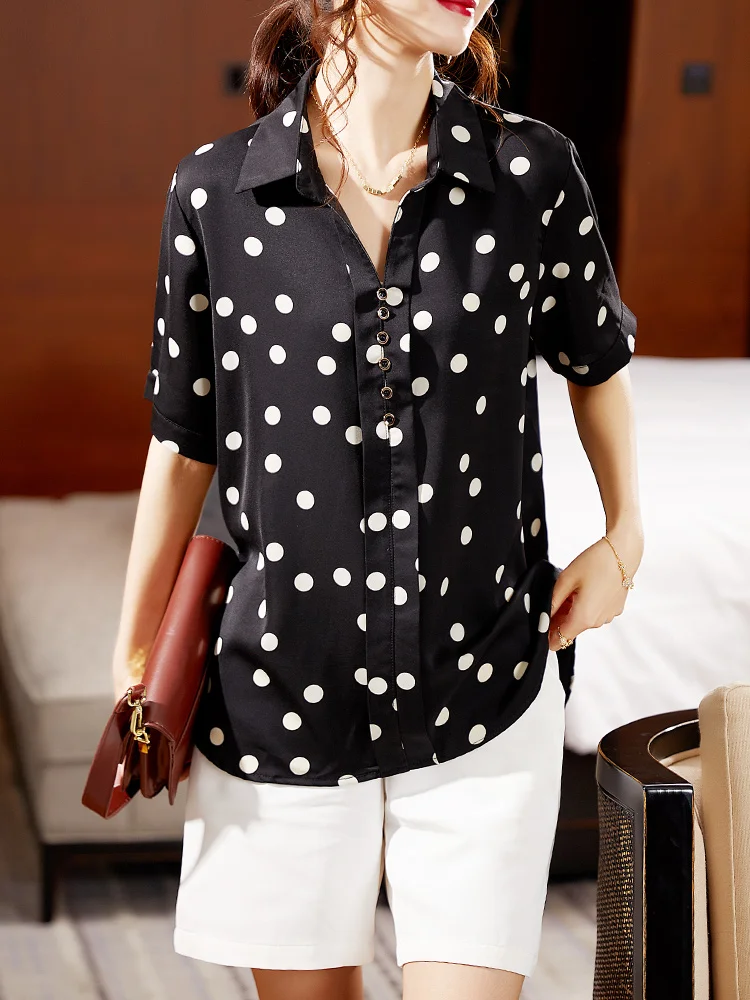 

Chiffon Loose Women's Shirts New Fashion Blouse V-neck Polka Dot Shirt Summer Casual Short Sleeve Blusas Houthion