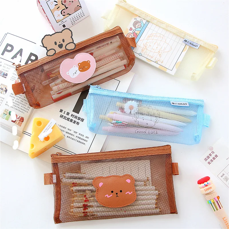 Kawaii Transparen Bear Mesh Pencil Bag Pens Pouch Storage Case Brush Holder Big Capacity Kids Birthday Gift School Stationery