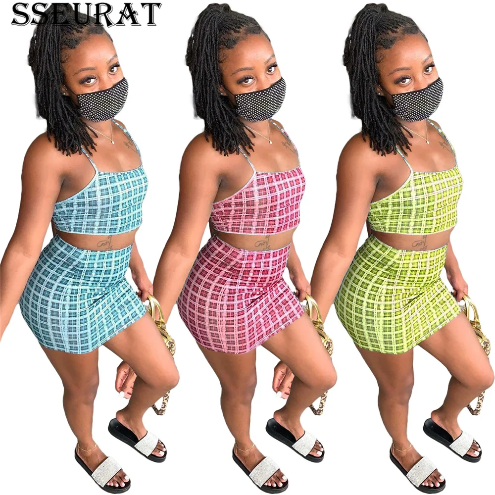 

Женский клетчатый костюм SSEURAT, короткий топ на бретелях-спагетти, облегающая эластичная мини-юбка, комплект из двух предметов, летний модный...