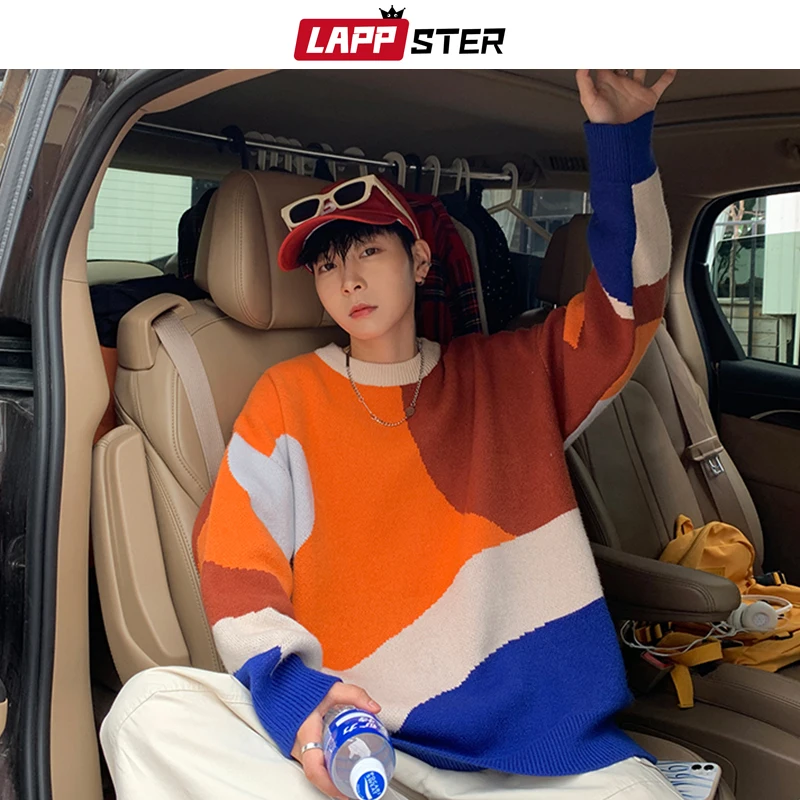 

Мужские винтажные свитера LAPPSTER в стиле пэчворк в стиле харадзюку 2022, мужские корейские модные зимние пуловеры, мужская японская уличная оде...