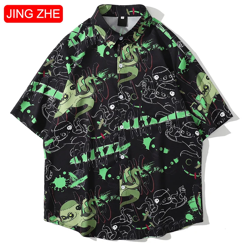 

JING ZHE Hip Hop Men Shirt Funny Cartoon Animal Print Shirts Short Sleeve Baggy Cozy High Street Hipster Cargo Streetwear Summer