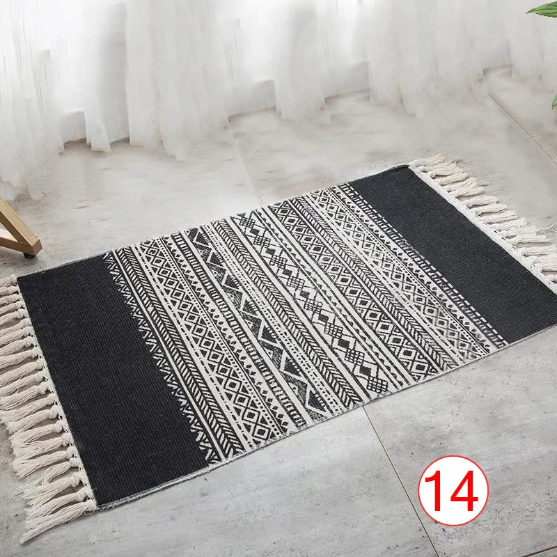 

Retro Hand Woven Cotton Linen Carpet Rug Bedside Rug Geometric Floor Mat Living Room Bedroom Carpet Home Decor