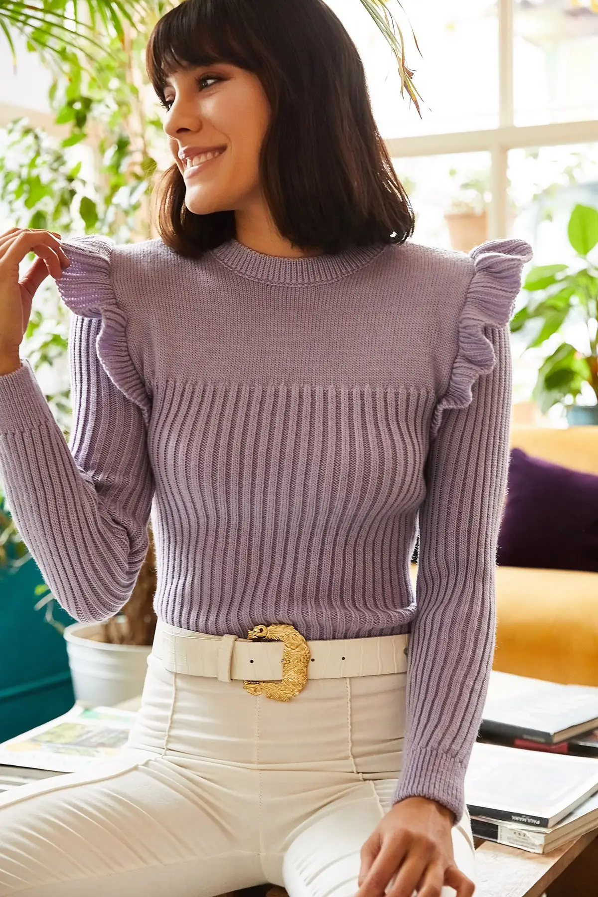 Women Frilly Lilac Arm Sweater Thick Sweater Women Sweater 2021