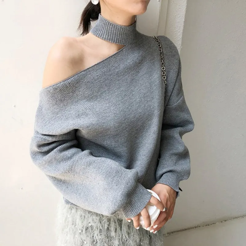 Осенне-зимний Повседневный корейский свитер с открытыми плечами водолазка