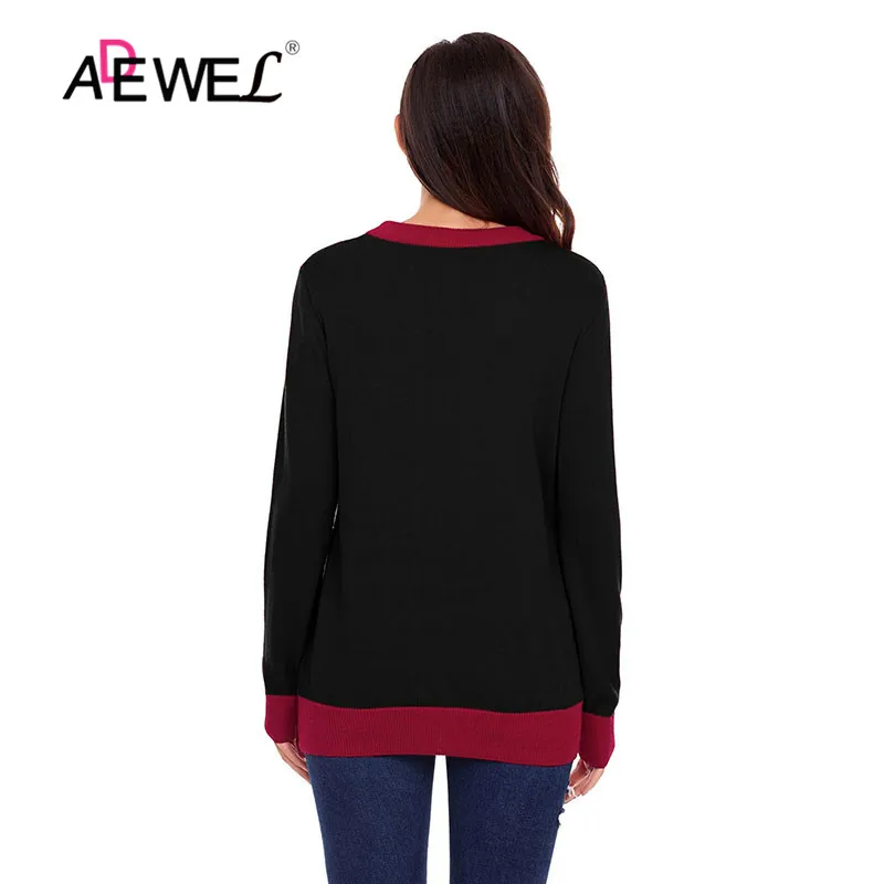 ADEWEL Reindeer Santa Clause Cartoon Print Ugly Christmas Sweater Funny Pullover Warm Knitted Womens Sweaters Tops Red Black | Женская