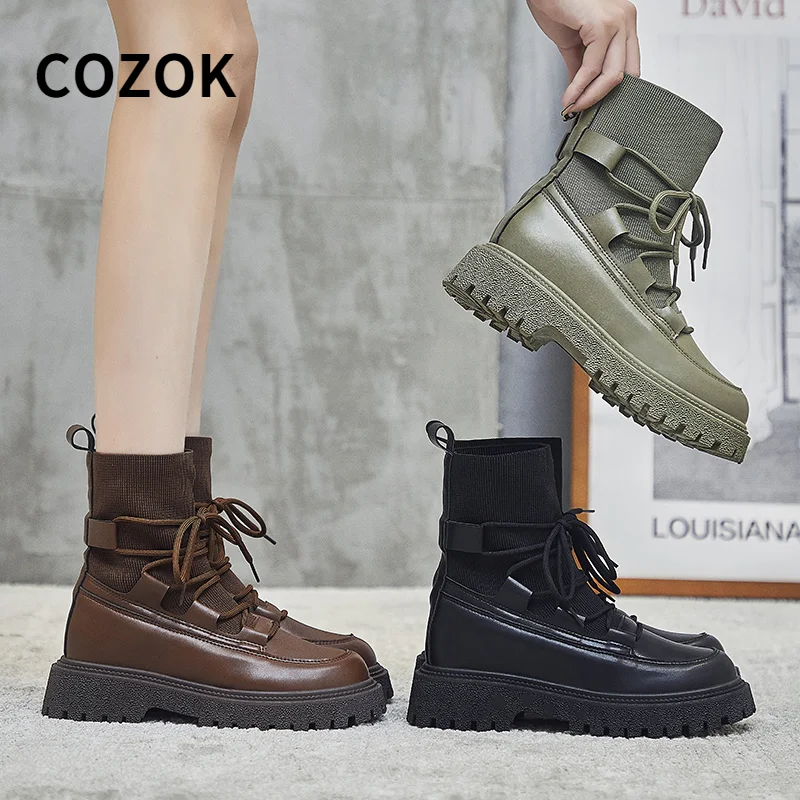

COZOK Ankle Boots Suede Leather Women Flat Platform Short Boots Ladies Shoes Fashion Autumn Winter Boots