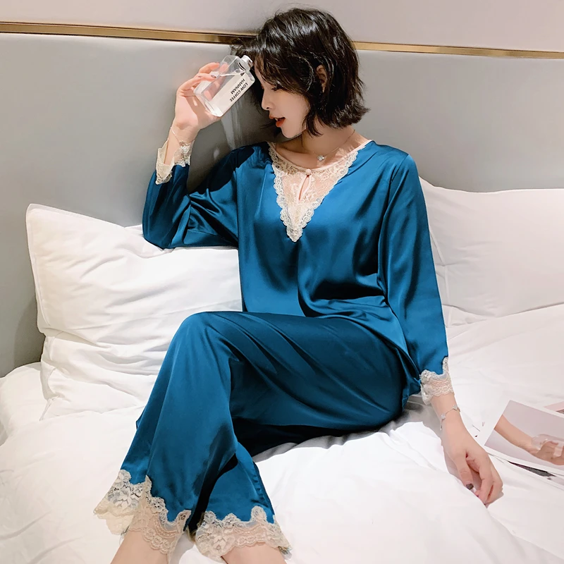 

Daeyard Sexy Lace Trimmed Pajama Set For Women Spring Summer Long Sleeve Silk Pyjamas Soft Sleepwear Casual Homewear 2Pcs Pijama