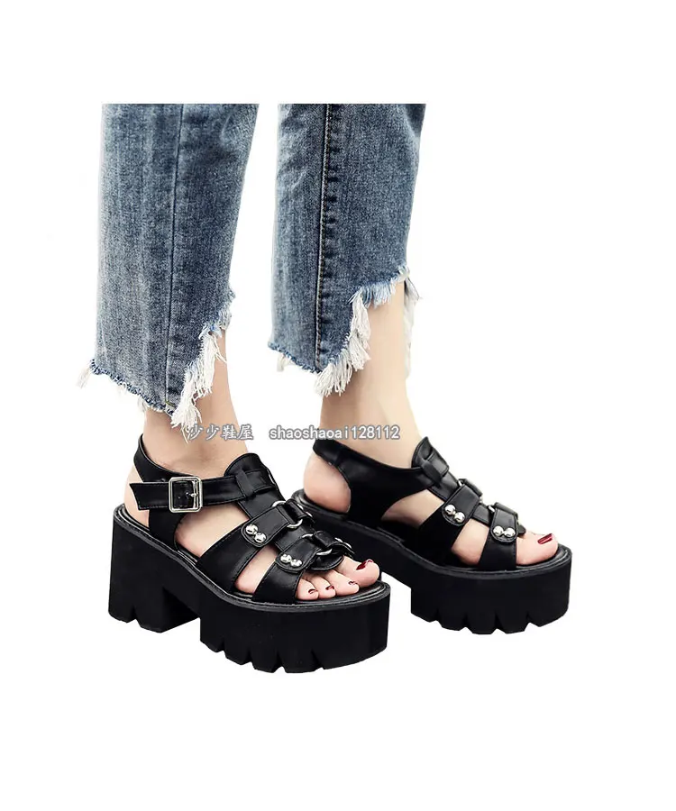 

Dark Punk Rivet Platform Shoes High Heel Platform Sandals Women's Summer Harajuku Thick Bottom Chunky Heel Roman Shoes Size 40