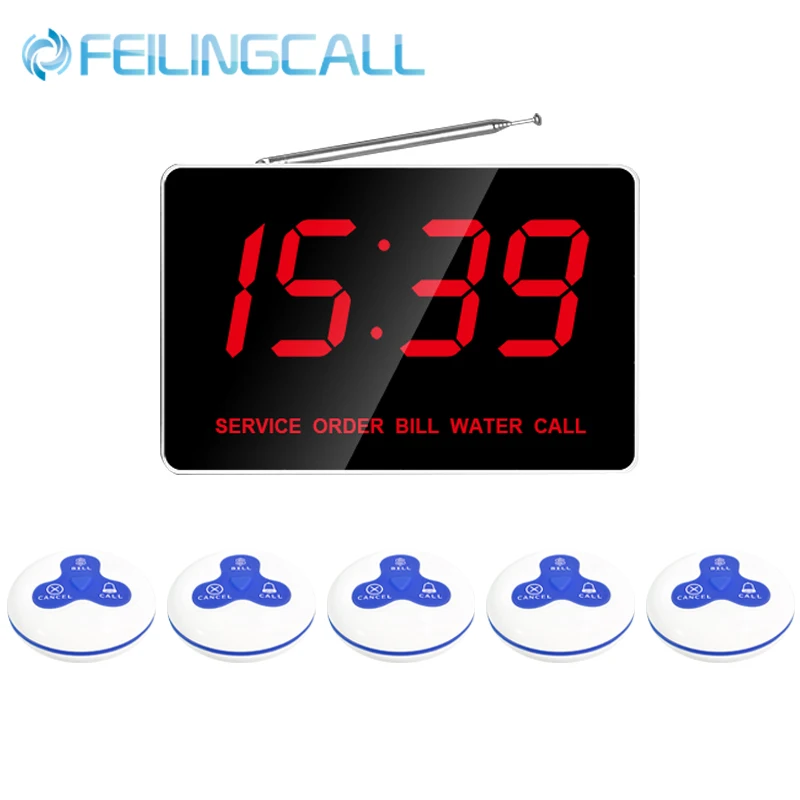 FEILING Wireless Pager Calling System Voice Reciver Host Display+5Pcs Hookah Call Button For Restaurant Hospital Nursing Cafe