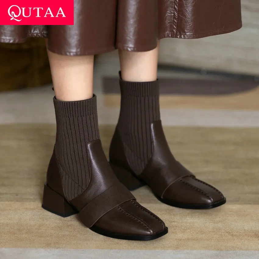 

QUTAA 2021 Fashion Square Toe Ankle Boots Cow Leather Knitting Slip On Women Shoes Winter Square Heel Short Boots Size 34-39