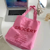 pink women portable canvas shoulder bag student girls daily casual tote handbags large capacity ladies reusable shopping bags