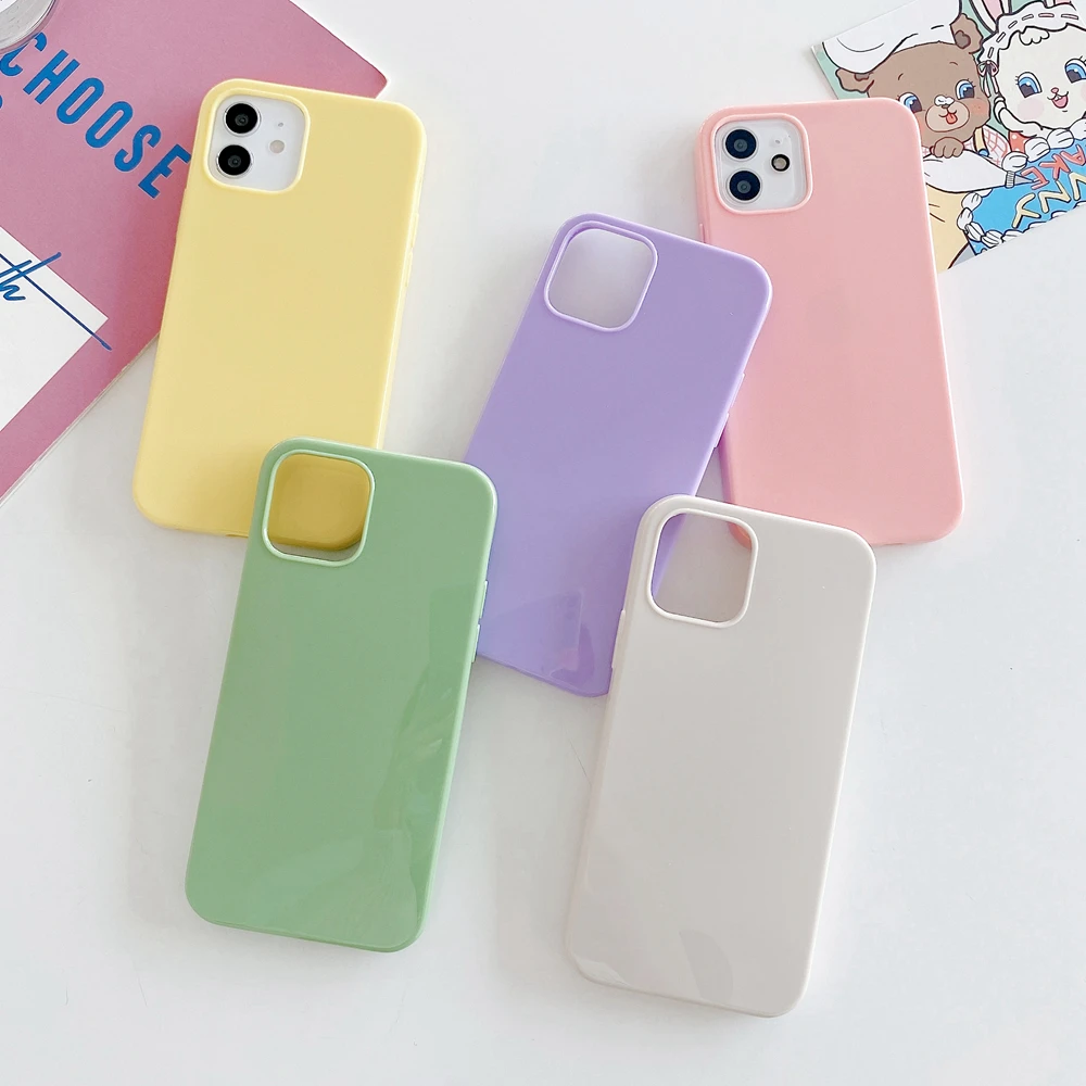 Цветной силиконовый чехол бампер Macarons для iPhone 11 12 Pro 11Pro Max XR XS X 7 8 Plus SE 2020 Блестящий